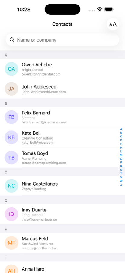 WhoWorks showing names with company and email beneath each one